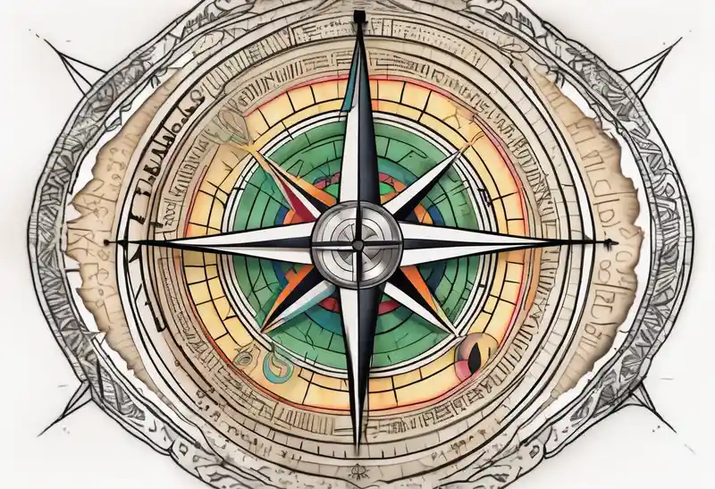 Compass on the hand in the shape of Nigeria with longitude written on the top and latitude written on the bottom. Draw lines – Dotwork, Couleurs vives